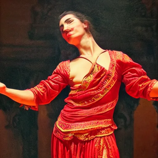 Image similar to Absolutely gorgeous greek god of enchantment dancing flamenco in Sevilla, cinematic lighting, high quality 8k hd, oil on canvas, hyperralistic art