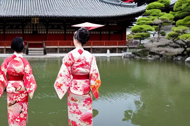 Image similar to cinematography women in kimonos in Kyoto watching joy in a temple pond by Emmanuel Lubezki