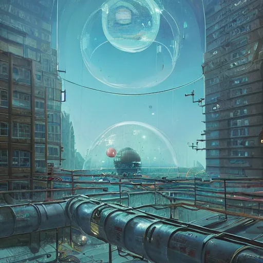 Image similar to A city trapped in a giant transparent dome, bubbles, cinematic lighting, insanely detailed, artstation, cgsociety, painted by Simon Stalenhag, concept art, illustration, sharp focus,