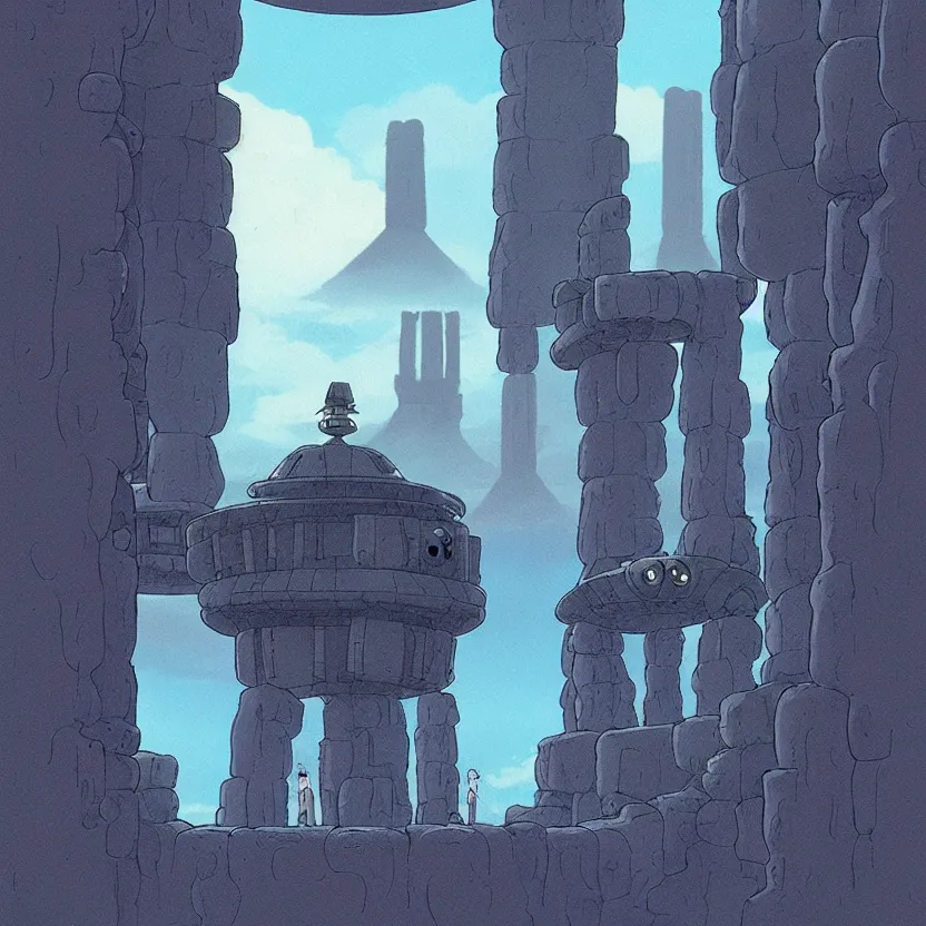 Image similar to a realistic cell - shaded studio ghibli concept art from paprika ( 2 0 0 6 ) of a flying intelligent dull grey mechanical octopus from close encounters of the third kind ( 1 9 7 7 ) in a flooded monument valley stonehenge. very dull colors, wide shot, hd, 4 k, hq