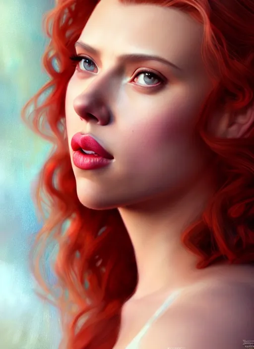 Image similar to scarlett johansson portrait as a disney princess, au naturel, hyper detailed, digital art, trending in artstation, cinematic lighting, studio quality, smooth render, unreal engine 5 rendered, octane rendered, art style by klimt and nixeu and ian sprigger and wlop and krenz cushart