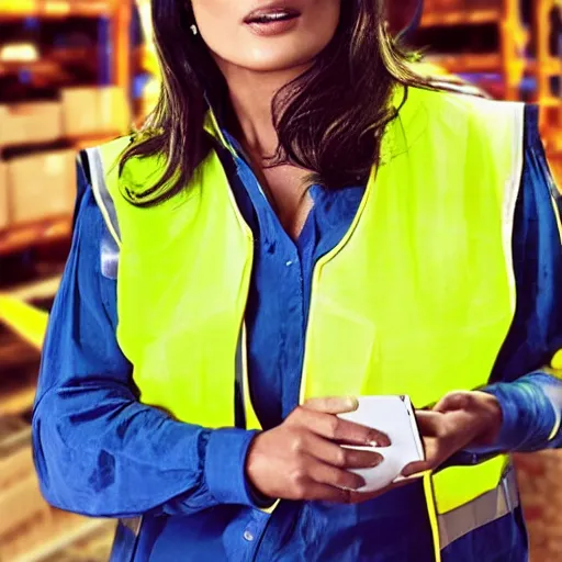 Image similar to photo, close up, salma hayek in a hi vis vest, in warehouse, android cameraphone, 2 6 mm,