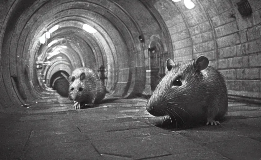 Image similar to old photo from 1 9 6 5. very large giant mutant antropomorphic rat in tonnel of moscow metro. extreme high detail. low light, scary atmosphere