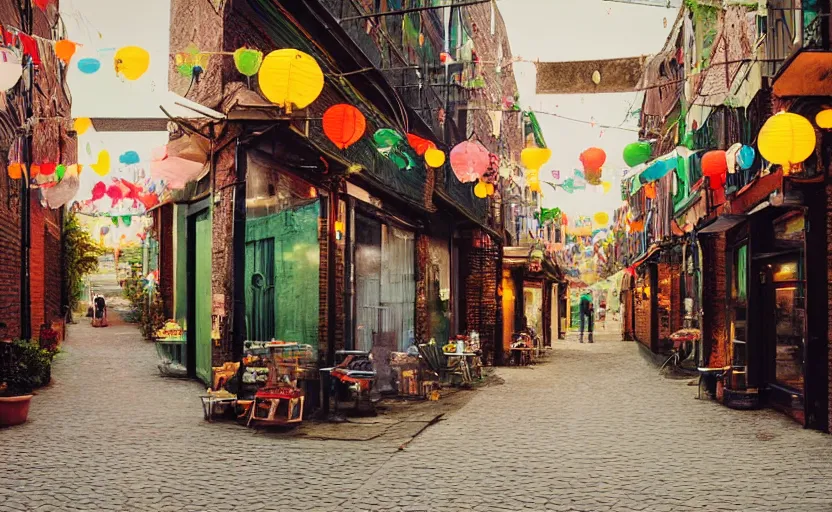 Prompt: mini cafe diorama macro photography, tilt shift, alleyway, ambient, atmospheric photograph, colorful paper lanterns, romantic