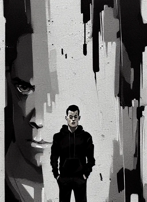 Image similar to highly detailed moody portrait of rami malek, elliot anderson, black hoody by atey ghailan, by greg rutkowski, by greg tocchini, by james gilleard, by joe fenton, by kaethe butcher, gradient red, black and white color scheme, grunge aesthetic!!! ( ( graffiti tag wall background ) )