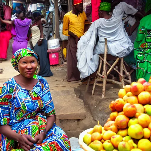 Prompt: nigerian woman in lagos market nigeria buying fruit