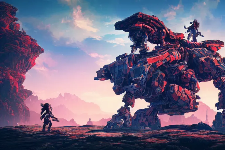 Image similar to rockbreaker machine mecanical creature robot of horizon forbidden west horizon zero dawn radiating a glowing aura global illumination ray tracing hdr fanart arstation by ian pesty and alena aenami artworks in 4 k