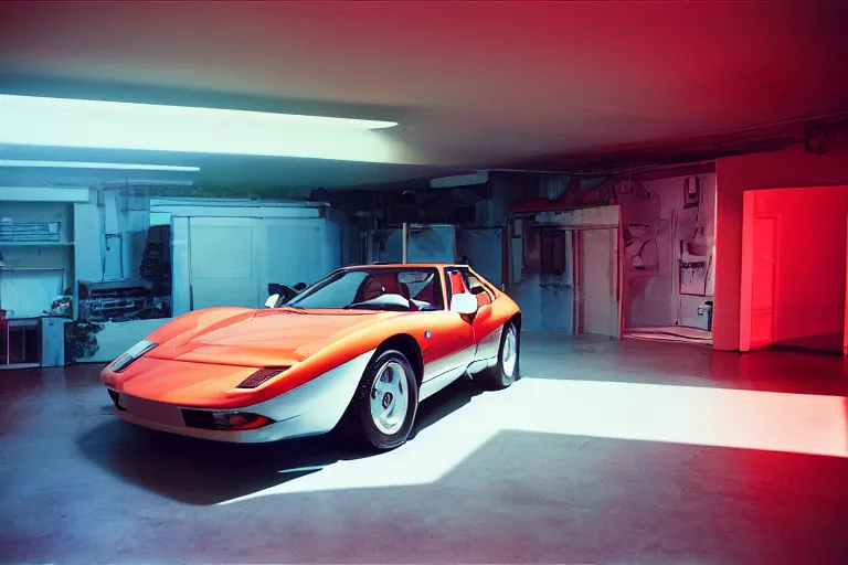 Image similar to studio photoshoot designed by giorgetto giugiaro of a single 1 9 8 8 fj 4 0 miura, thick neon lights, ektachrome photograph, volumetric lighting, f 8 aperture, cinematic eastman 5 3 8 4 film