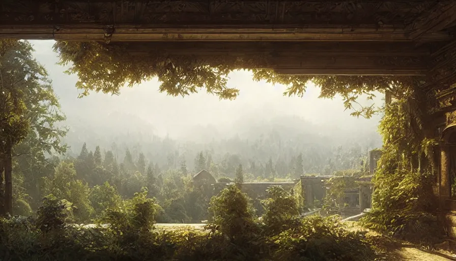 Prompt: view from a manor house balcony overlooking a forest valley, highly detailed, architecture, sunny, blue sky, cinematic lighting, highly angle, godrays, volumetric, digital art painting by greg rutkowski