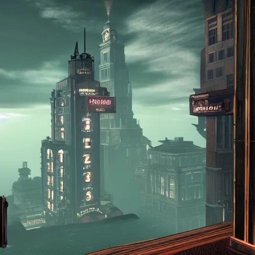 Image similar to In the world of rapture from the world of bioshock you are in a bar, there is a window that lets you see the whole city underwater and you are drinking a rum and coke