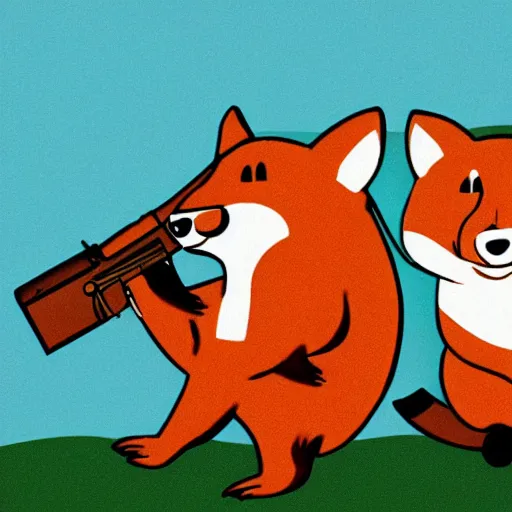 Image similar to beaver and fox with gun at party