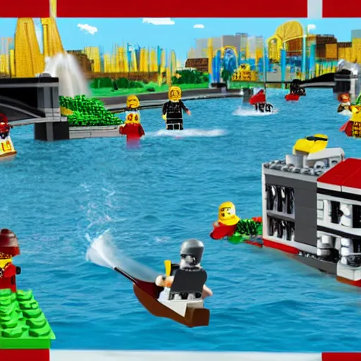 Image similar to a man has fallen into the river in lego city