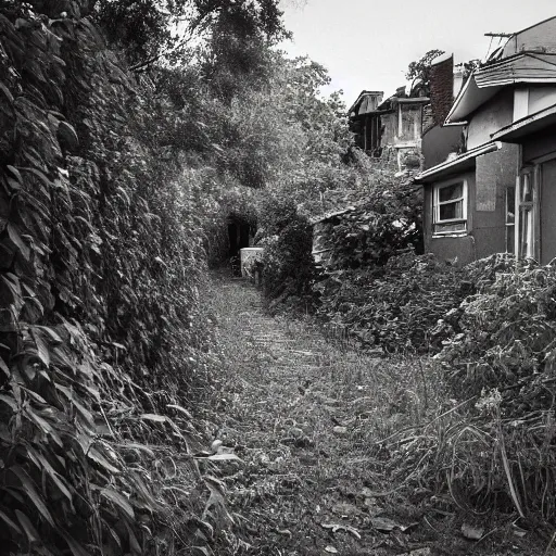 Image similar to liminal poor neighborhood, overgrown, photo taken from the street