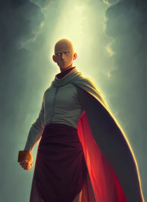 Image similar to handsome saitama, epic cape, half body shot, path traced, highly detailed, high quality, digital painting, alena aenami, lilia alvarado, shinji aramaki, karol bak, alphonse mucha, tom bagshaw