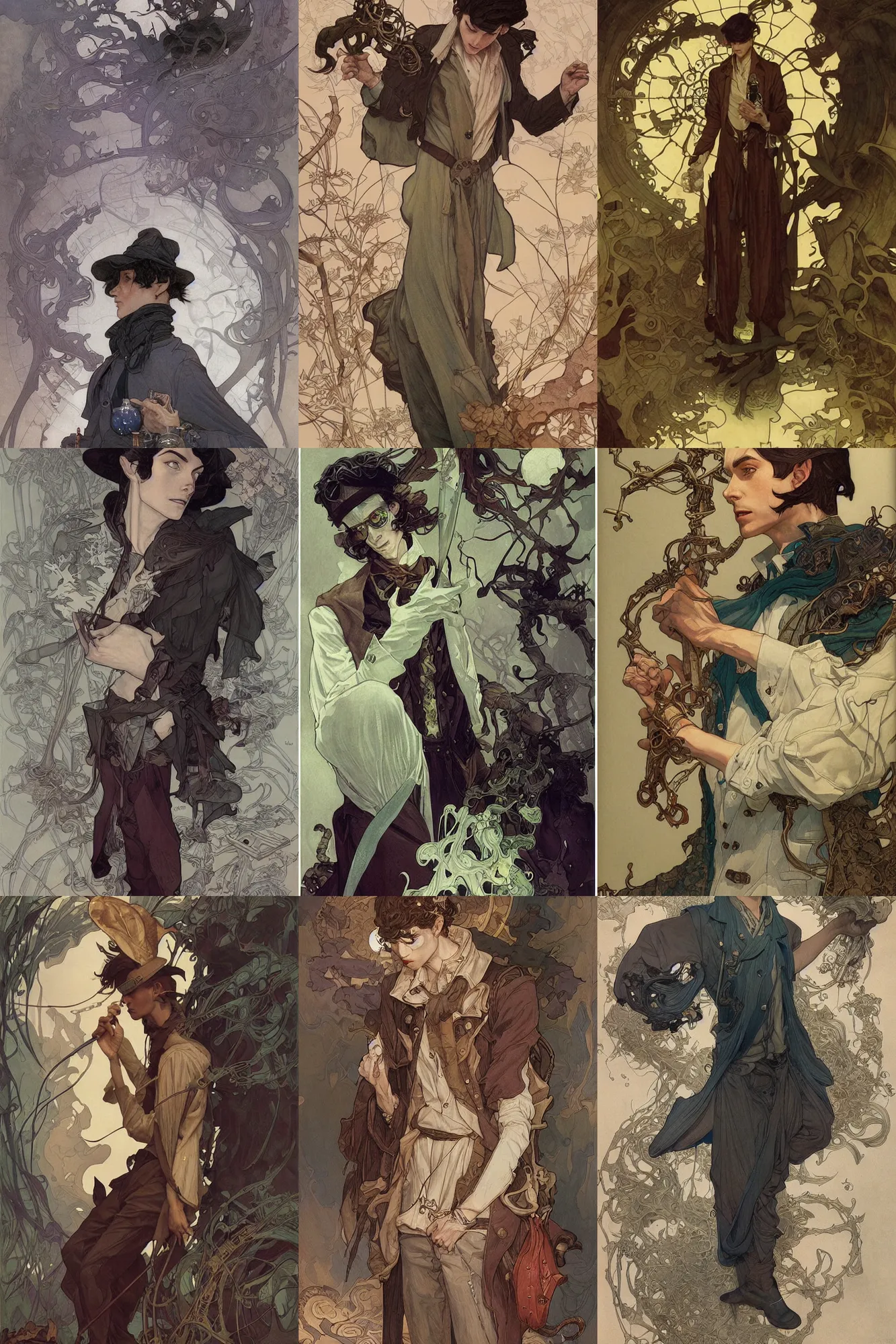 Prompt: thin young male alchemist, long dark hair, 1 9 2 0 s fashion, fantasy, highly detailed, intricate, smooth, art by joseph leyendecker, peter mohrbacher, ruan jia, marc simonetti, ayami kojima, cedric peyravernay, alphonse mucha, victo ngai