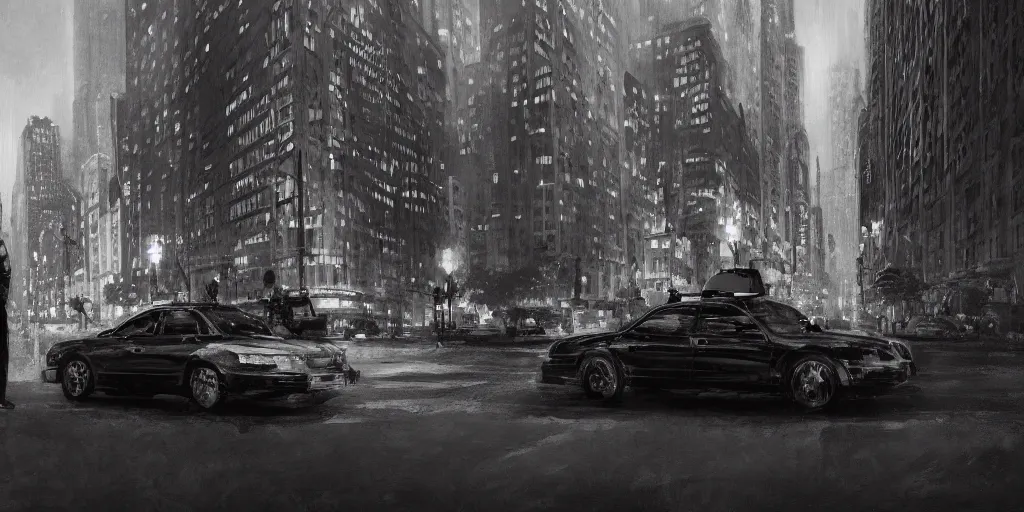 Image similar to taxi through the streets of chicago, night time, dramatic lighting, german expresionism, noir film, character sheet, fine details, concept design, high contrast, anthrophomorfic animals, kim jung gi, greg rutkowski, trending on artstation, 8 k, full body, turnaround, front view, back view, ultra wide angle