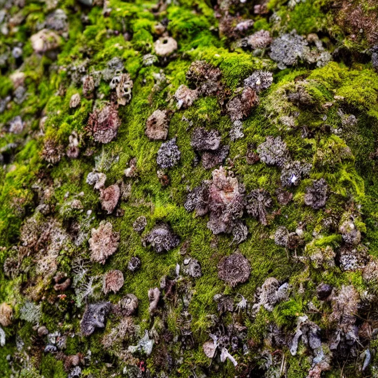 Image similar to a drawn picture lichens and moss close-up various fungus, mushrooms and plants, Atmospheric phenomenon, artistic photography, muted colors, conceptual, long exposure outside the city