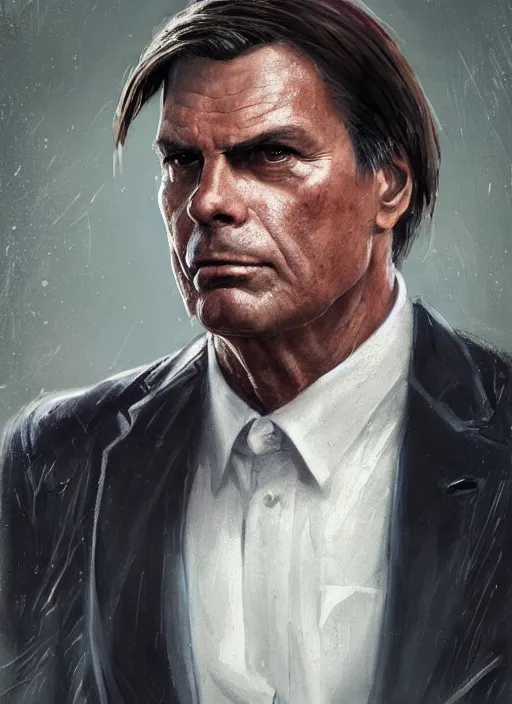 Image similar to A portrait of bolsonaro by Greg Rutkowski, Sung Choi, Mitchell Mohrhauser, Maciej Kuciara, Johnson Ting, Maxim Verehin, Peter Konig, final fantasy, 8k photorealistic, cinematic lighting, HD, high details, dramatic, atmospheric , trending on artstation