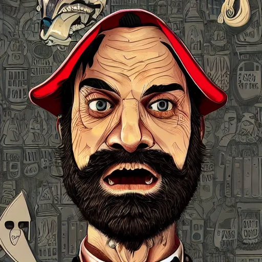 Image similar to beard man angry with italian burger, because theyre mixin salad with escargot, matte, symmetrical anatomy, hyperdetailed, digital art, baroque, pop punk art style, fantasy, full body pictures, without duplication, art by artgerm and ilya kuvshinov and vinicius gud and gustavo zambelli, intricate.