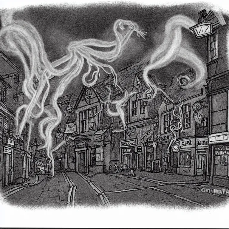 Image similar to evil eldritch smoke and tendril monsters in a typical english high street. terrified people running and screaming. polaroid. photorealistic. highly detailed