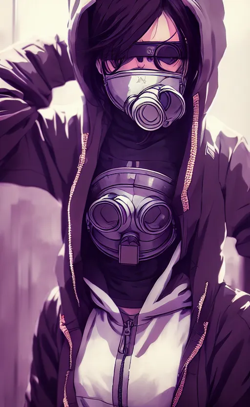 Image similar to cyberpunk anime girl in hoodie, cyberpunk gas mask, potrait, street night, grafity, beautiful face, grafity, arcane, action, tokyo street, detail, good face, pose model, concept art, style of arcane, 2 d art, style of yoji shinkawa, pan ren wei, col price, greg rutkowski, aesthetic