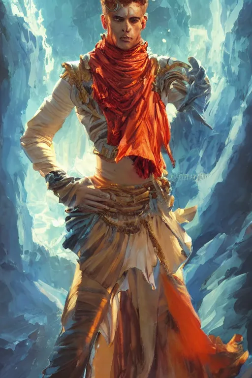 Image similar to portrait of the jailer god dancer wearing expensive scarf by artgerm and Craig Mullins, James Jean, Andrey Ryabovichev, Mark Simonetti and Peter Morbacher 16k