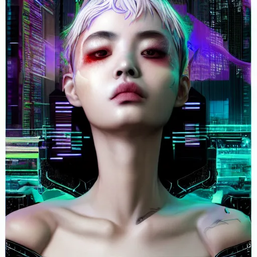 Image similar to the portrait of an absurdly beautiful, graceful, sophisticated, fashionable cyberpunk gravure idol, an ultrafine hyperdetailed illustration by kim jung gi, irakli nadar, hanna moon, leslie zhang intricate linework, bright colors, collage, porcelain skin, unreal engine 5 highly rendered, cgsociety, global illumination, radiant light, detailed and intricate environment