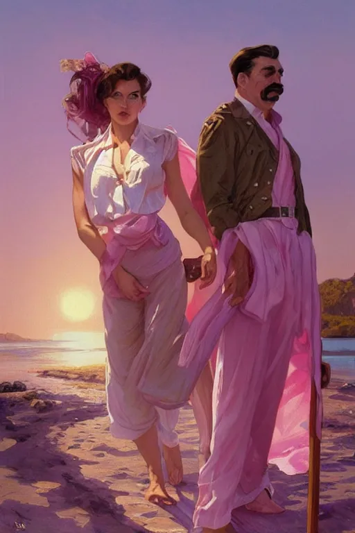 Image similar to joseph stalin luxury clothes in the beach purple sun, pink lighting ultra realistic photorealistic highly detailed high quality, a stunningly, digital painting, artstation, concept art, smooth, sharp focus, illustration, art by artgerm and greg rutkowski and alphonse mucha 8 k