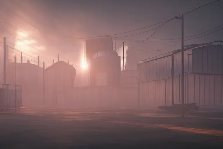 Image similar to a factory in fog, sun beams breaks through smoking pipes, a small red light is flashing in the bottom right corner, 4k, ultra details, cinematic, epic style, beautiful photo, hyper realistic, octane render, unreal engine, award winning, on artstation, volumetric lightning, masterpiece, golden hour,