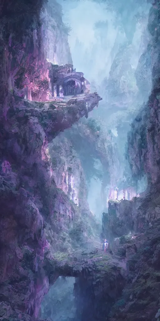 Image similar to Gorge in the mountain, white stone temple ruins, night dramatic lighting, blue and purple tones, wide camera angle, matte painting, trending on ArtStation, concept art, delightful surroundings, high detail