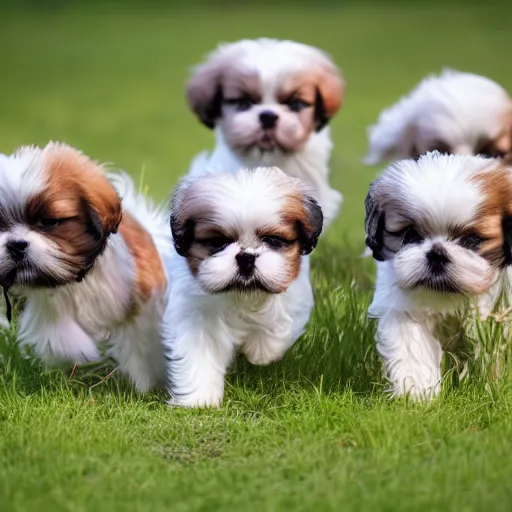 Image similar to a pack of young shih tzu puppies play in a field, Lots of lighting 8k photo