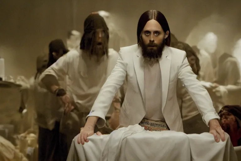 Image similar to Jared Leto as the religious leader Jim Jones in 'Cult' (2006), movie still frame, promotional image, imax 70 mm footage, oscar nominated cinematography, volumetric lighting, 8k resolution