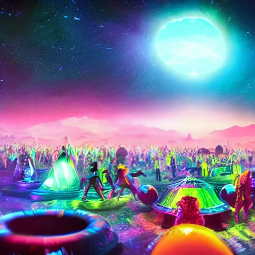 Image similar to a cosmic rave party in the end of the world, high detail beautiful matte painting, ultrarealistic, octane render, cosmic psychedelic art