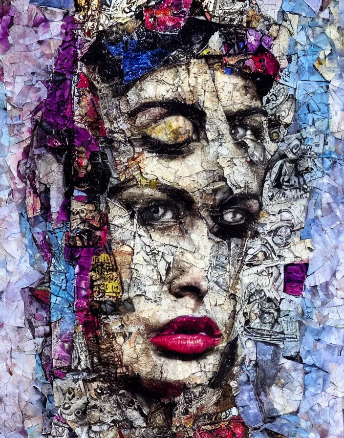 Prompt: divine psychic crowned queen in contrast detailed analogue mixed media collage with canvas texture in style of contemporary art, punk art, hyperrealistic beautiful face, photorealistic, expressionism, masterpiece, perfect composition, spectacular quality torn paper, intricate oil details, broken glass