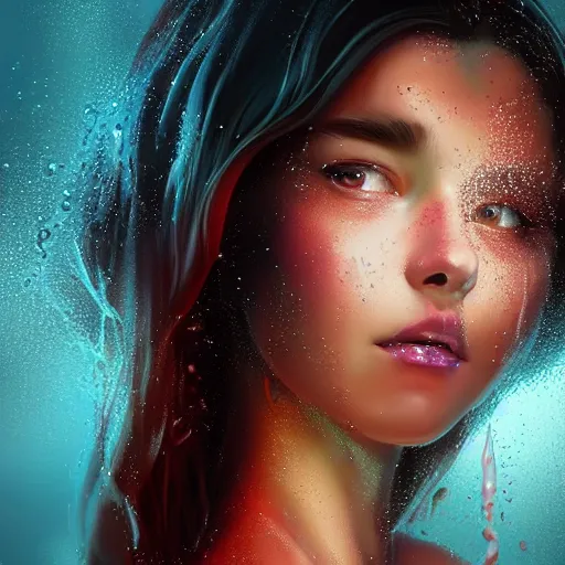 Prompt: A stunning portrait of sexy teen girl in a wet t-shirt, art by Artgerm and Ross Tran, vivid color palette, digital painting, 3D, octane render, highly detailed, particles, light effect, volumetric lighting, digital painting, artstation, concept art, smooth, sharp focus