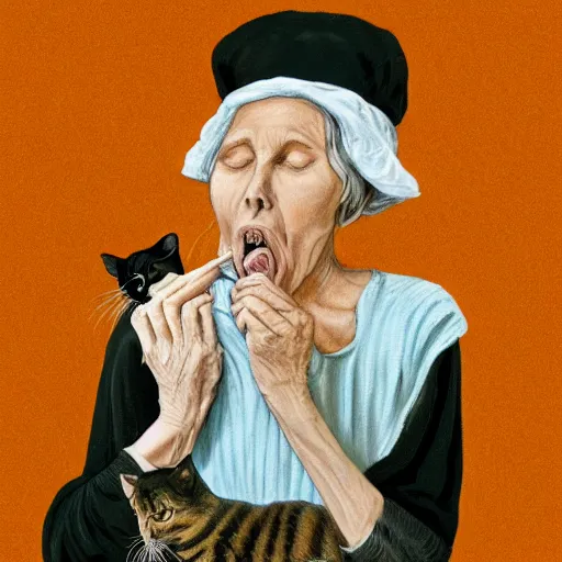 Image similar to an old woman swallowing a whole cat