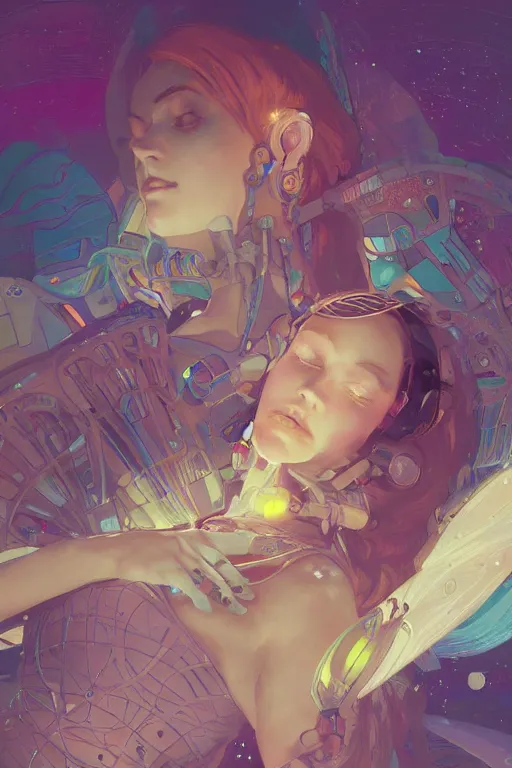 Image similar to A beautiful robotic woman dreaming, cinematic lighting, soft bokeh, sci-fi, modern, colourful, highly detailed, digital painting, artstation, concept art, sharp focus, illustration, by alphonse mucha