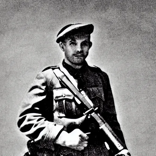 Image similar to A portrait of a man holding a mg42 machine gun in military attire. Black and white, grainy, hyper detailed.