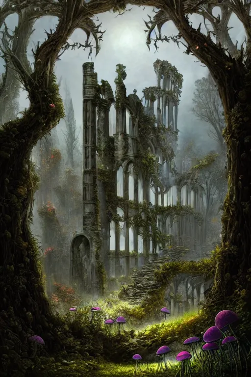 Image similar to a beautiful digital illustration painting of a detailed gothic fantasy ruins and roots, dark mushroom, flowers by benoit b. mandelbrot, steven belledin, martin johnson heade, lee madgwick, caspar david friedrich, and david rios ferreira. 8 k resolution trending on artstation concept art digital illustration