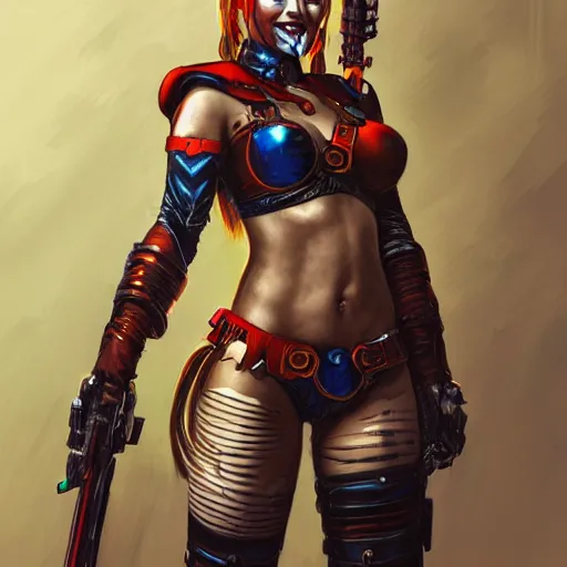 Image similar to a portrait of Harley Quinn in bikini armor, Warhammer 40000, cyberpunk, intricate, elegant, highly detailed, digital painting, trending on artstation, concept art, smooth, sharp focus, illustration, art by artgerm and greg rutkowski and alphonse mucha