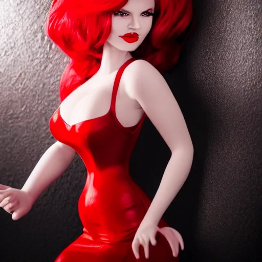 Prompt: photography detailed face kerli koivr as jessica rabbit in her red dress, femme fetal, darkroom, dramatic high contrast lighting like sin city, ultra - realistic, intricate detail, 8 k