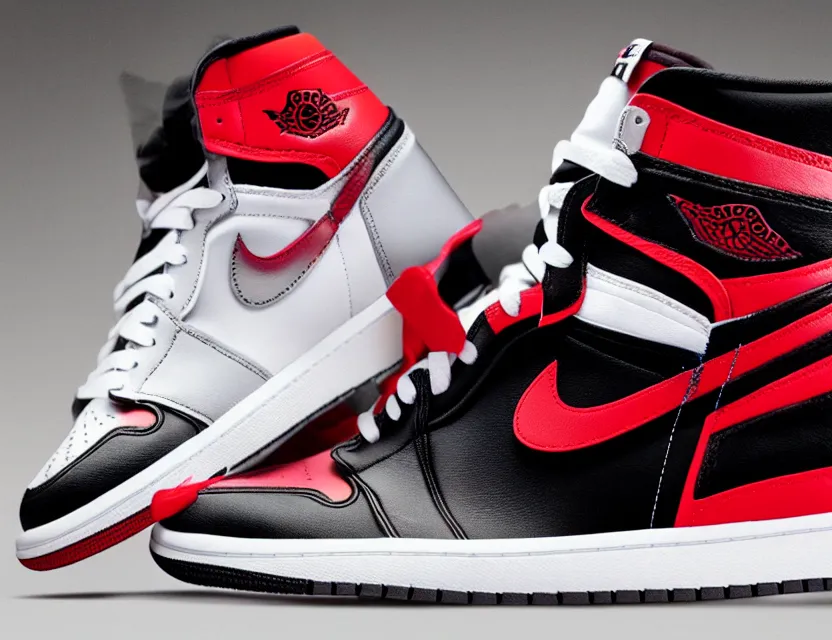 Image similar to a press photograph of nike jordan 1 black red and white