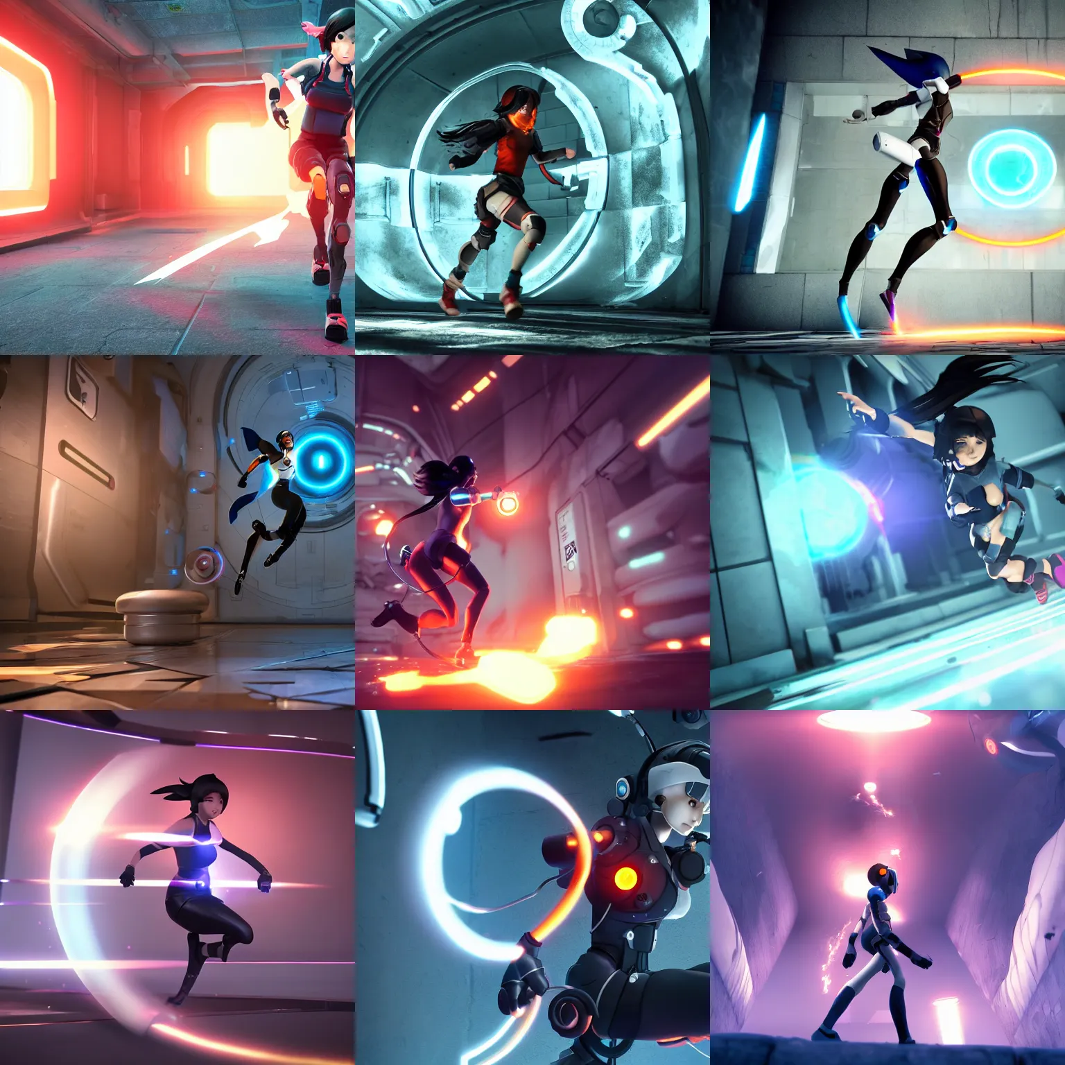 Prompt: portal game valve, anime!! cyborg woman running, octane render