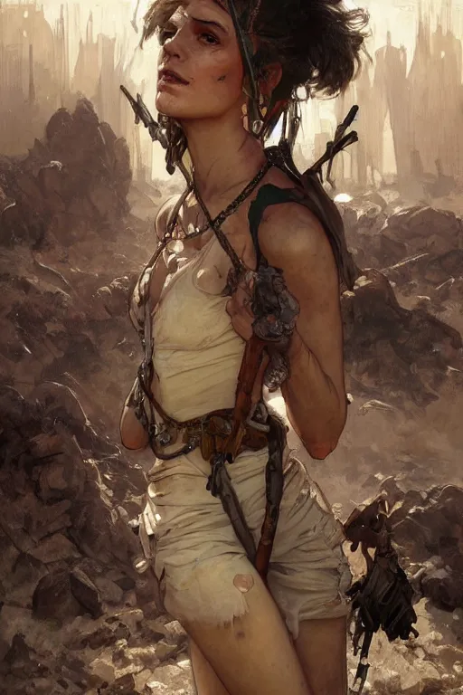 Image similar to a full body portrait of a beautiful post apocalyptic offworld police district bedouin blind pulp fiction scarlet wild rogue barbarian leper begging by the roadside, intricate, elegant, highly detailed, digital painting, artstation, concept art, smooth, sharp focus, illustration, art by krenz cushart and artem demura and alphonse mucha