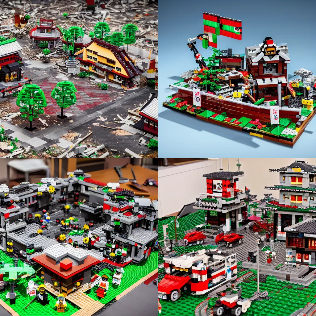 Prompt: a miniature japanese lego village destroyed by a nuclear bomb, photo studio, professional photo, trending on artstation, hdr