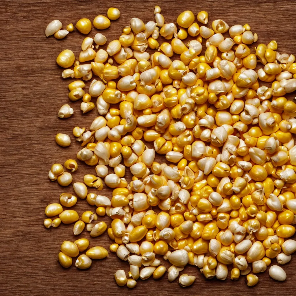 Prompt: close - up view of corn kernels on top of a wooden table, 8 k, high detail, photorealistic, proper shading