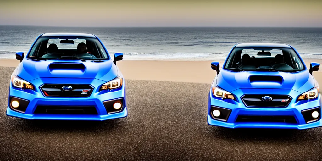 Prompt: photograph, 2013 Subaru WRX STi, hatchback, cinematic, california coast, ocean view, 8k, depth of field, bokeh.