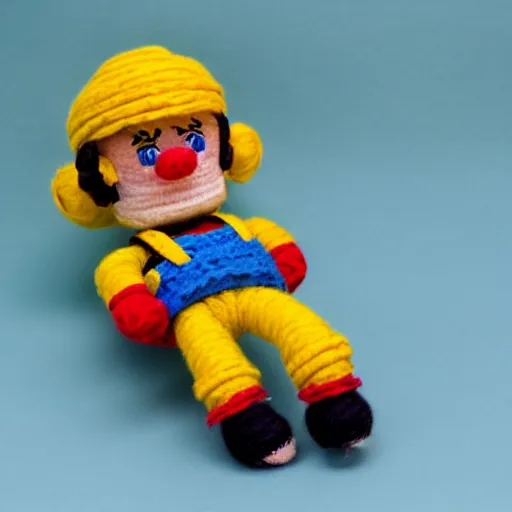 Image similar to a doll of wario made out of yarn