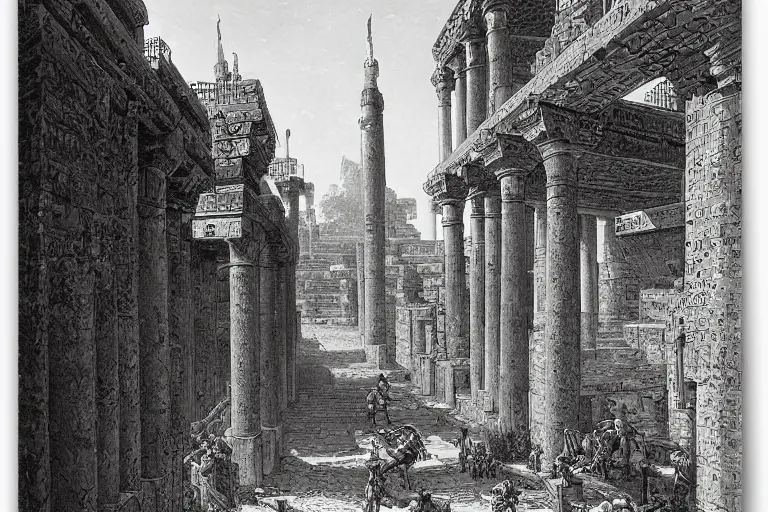 Prompt: ancient city of Babylon, hanging gardens of babylon. Robot mechas roaming the streets of ancient babylon. By gustave dore, highly detailed