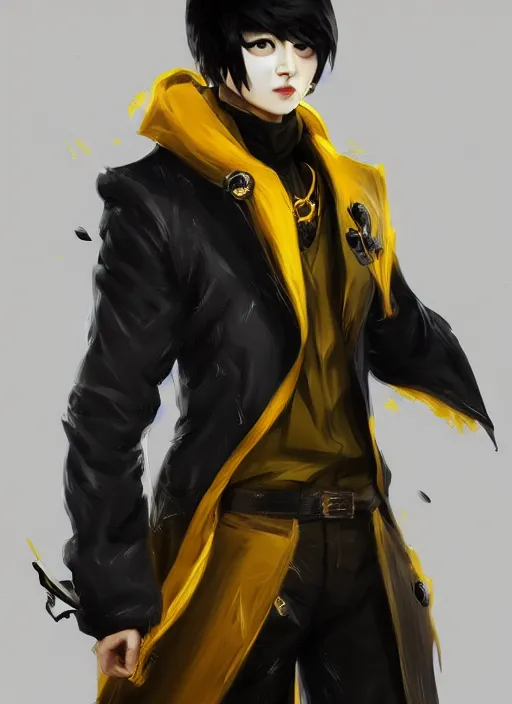 Image similar to a highly detailed illustration of young attractive japanese guy wearing black detective coat, yellow eyes, dramatic standing pose, intricate, elegant, highly detailed, centered, digital painting, artstation, concept art, smooth, sharp focus, league of legends concept art, wlop.